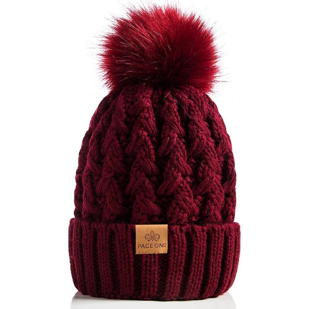 Women’s Wine Red Winter Ribbed Beanie Hat Chunky Cable Knit Pompom Warm